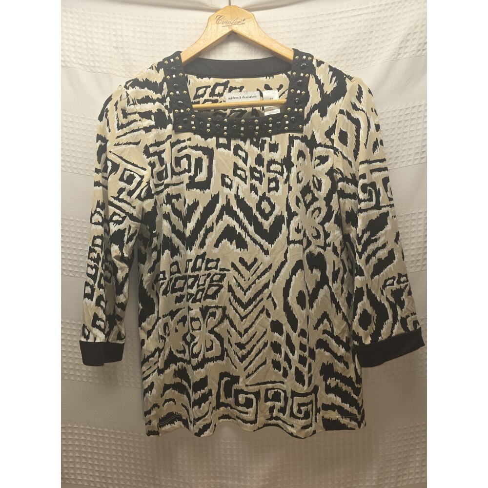 Alfred Dunner Top Women PS Tan Black Geometric Tribal Studded 3/4 Sleeve